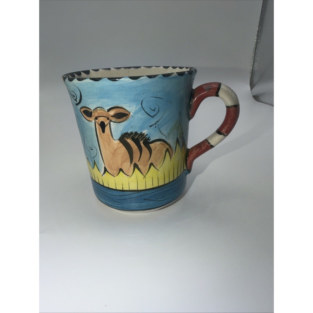 Hand Painted Studio Pottery Deer Mug Signed Artist Stoneware Coffee Cup Unique - Picture 2 of 5